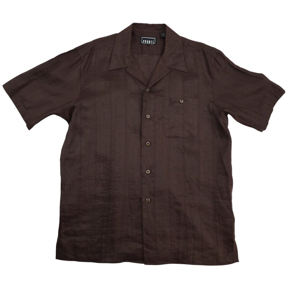 PRONTI PHITA 100% Linen Shirt Size XL Brown Short Sleeve Button-Up